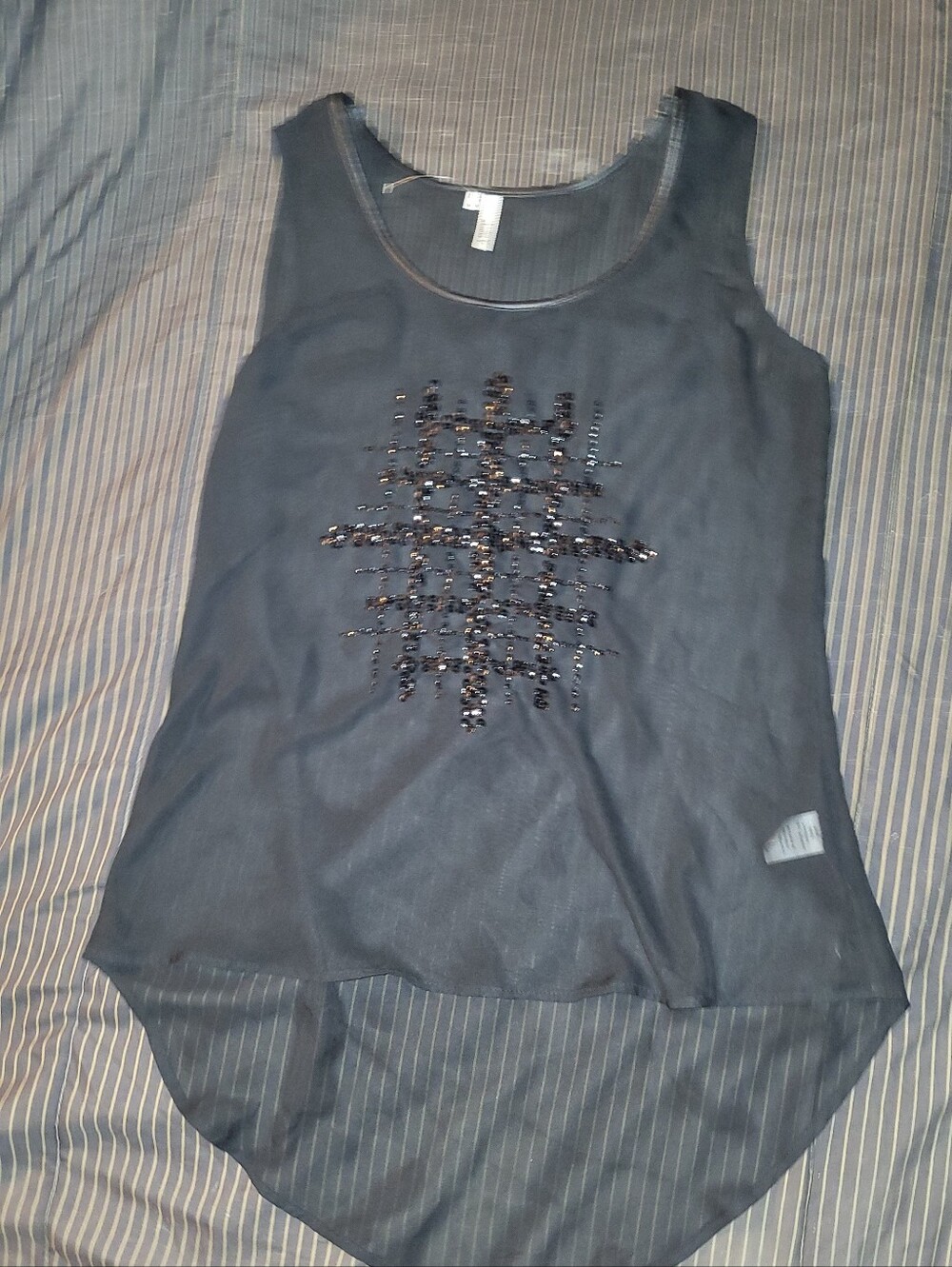 Studio Y Sheer Black High-Low Tank Top Blouse Beaded Grid Size Medium